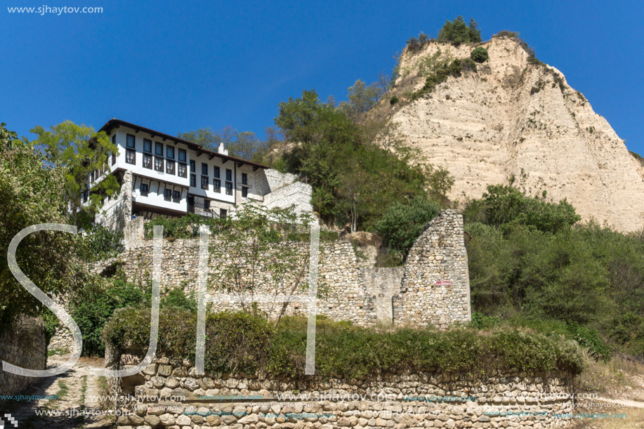 MELNIK, BULGARIA - SEPTEMBER 7, 2017:  Panorama with Old houses in town of Melnik, Blagoevgrad region, Bulgaria