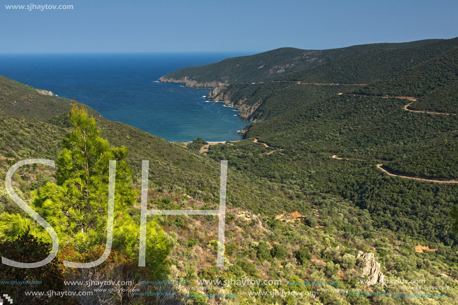Panoramic view of Mamba Beach at Sithonia peninsula, Chalkidiki, Central Macedonia, Greece