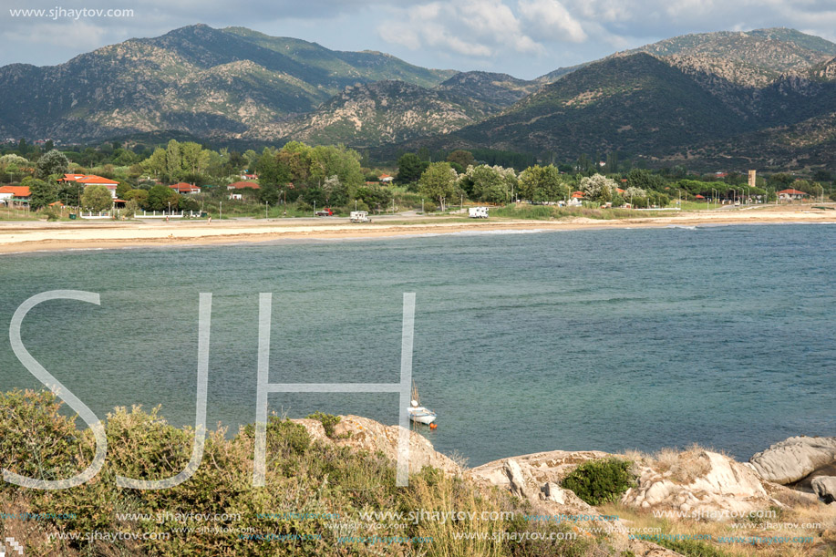 Panoramic view of Sykia Beach at Sithonia peninsula, Chalkidiki, Central Macedonia, Greece