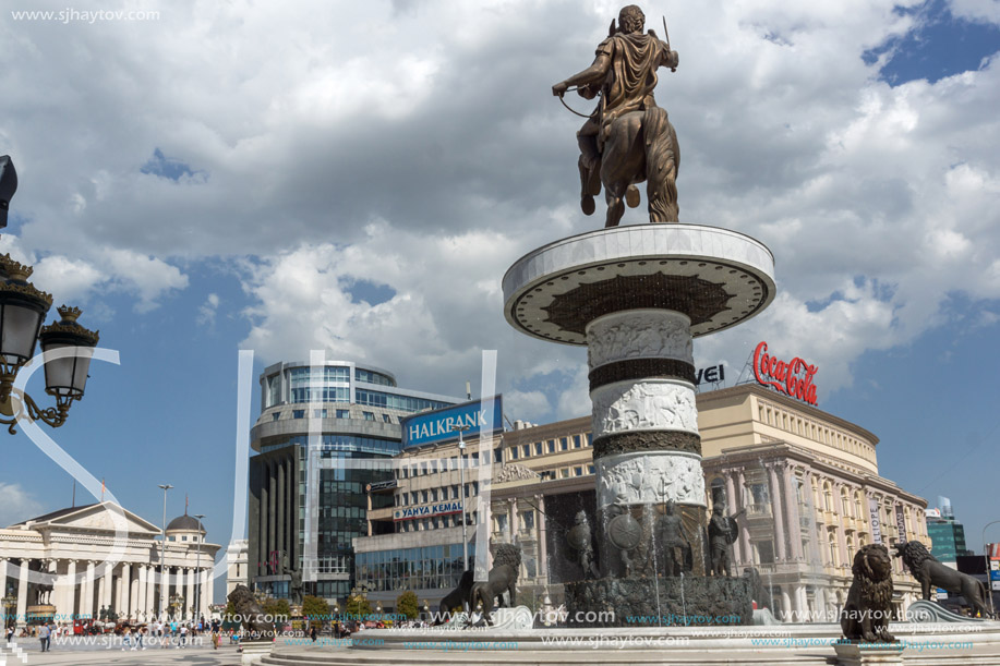 SKOPJE, REPUBLIC OF MACEDONIA - 13 MAY 2017: Skopje City Center and Alexander the Great Monument, Macedonia