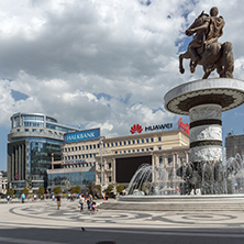 SKOPJE, REPUBLIC OF MACEDONIA - 13 MAY 2017: Skopje City Center and Alexander the Great Monument, Macedonia