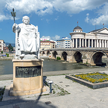 SKOPJE, REPUBLIC OF MACEDONIA - 13 MAY 2017: Justinian I Monument and Alexander the Great square in Skopje, Republic of Macedonia