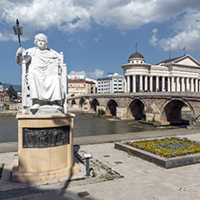 SKOPJE, REPUBLIC OF MACEDONIA - 13 MAY 2017: Justinian I Monument and Alexander the Great square in Skopje, Republic of Macedonia