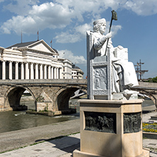 SKOPJE, REPUBLIC OF MACEDONIA - 13 MAY 2017: Justinian I Monument and Alexander the Great square in Skopje, Republic of Macedonia