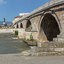 SKOPJE, REPUBLIC OF MACEDONIA - 13 MAY 2017: Skopje City Center, Old Stone Bridge and Vardar River, Republic of Macedonia