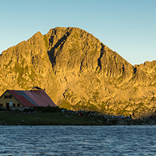 Sunset landscape with Kamenitsa peak and Tevno lake, Pirin Mountain, Bulgaria