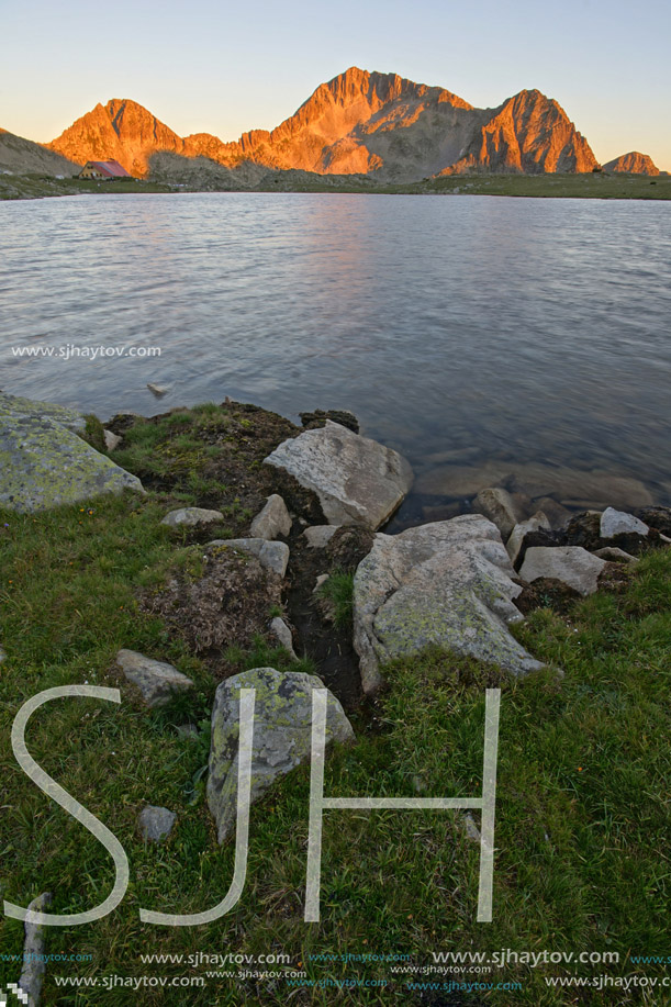 Sunset landscape with Kamenitsa peak and Tevno lake, Pirin Mountain, Bulgaria