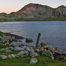 Sunset landscape with Kamenitsa peak and Tevno lake, Pirin Mountain, Bulgaria