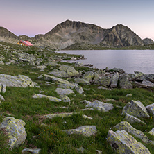 Sunset landscape with Kamenitsa peak and Tevno lake, Pirin Mountain, Bulgaria