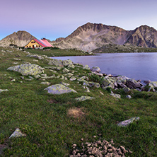 Sunset landscape with Kamenitsa peak and Tevno lake, Pirin Mountain, Bulgaria