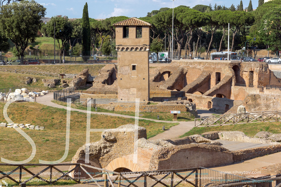 ROME, ITALY - JUNE 22, 2017: Amazing panoramic view of Circus Maximus and Palatine Hill in city of Rome, Italy