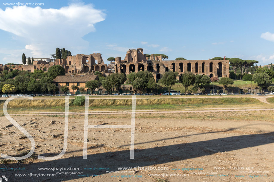 ROME, ITALY - JUNE 22, 2017: Amazing panoramic view of Circus Maximus and Palatine Hill in city of Rome, Italy