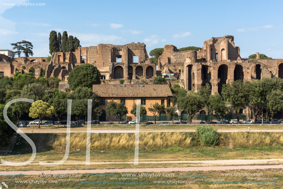 ROME, ITALY - JUNE 22, 2017: Amazing panoramic view of Circus Maximus and Palatine Hill in city of Rome, Italy