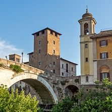 ROME, ITALY - JUNE 22, 2017: Amazing view of Castello Caetani, Tiber River and Pons Fabricius in city of Rome, Italy