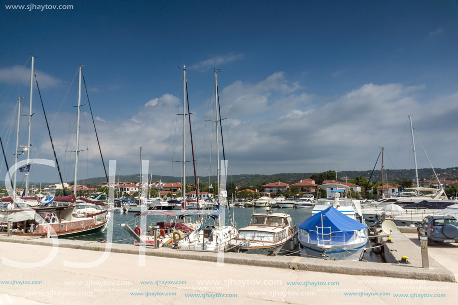 CHALKIDIKI, CENTRAL MACEDONIA, GREECE - AUGUST 25, 2014:  Panoramic view of port of Nikiti at Sithonia peninsula, Chalkidiki, Central Macedonia, Greece