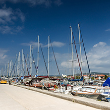 CHALKIDIKI, CENTRAL MACEDONIA, GREECE - AUGUST 25, 2014:  Panoramic view of port of Nikiti at Sithonia peninsula, Chalkidiki, Central Macedonia, Greece