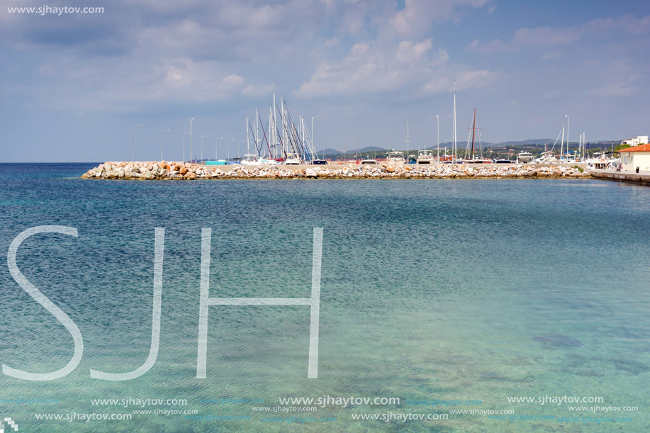 CHALKIDIKI, CENTRAL MACEDONIA, GREECE - AUGUST 25, 2014:  Panoramic view of port of Nikiti at Sithonia peninsula, Chalkidiki, Central Macedonia, Greece