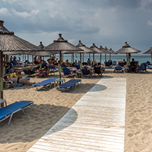 CHALKIDIKI, CENTRAL MACEDONIA, GREECE - AUGUST 25, 2014: Seascape of Kalogria beach at Sithonia peninsula, Chalkidiki, Central Macedonia, Greece