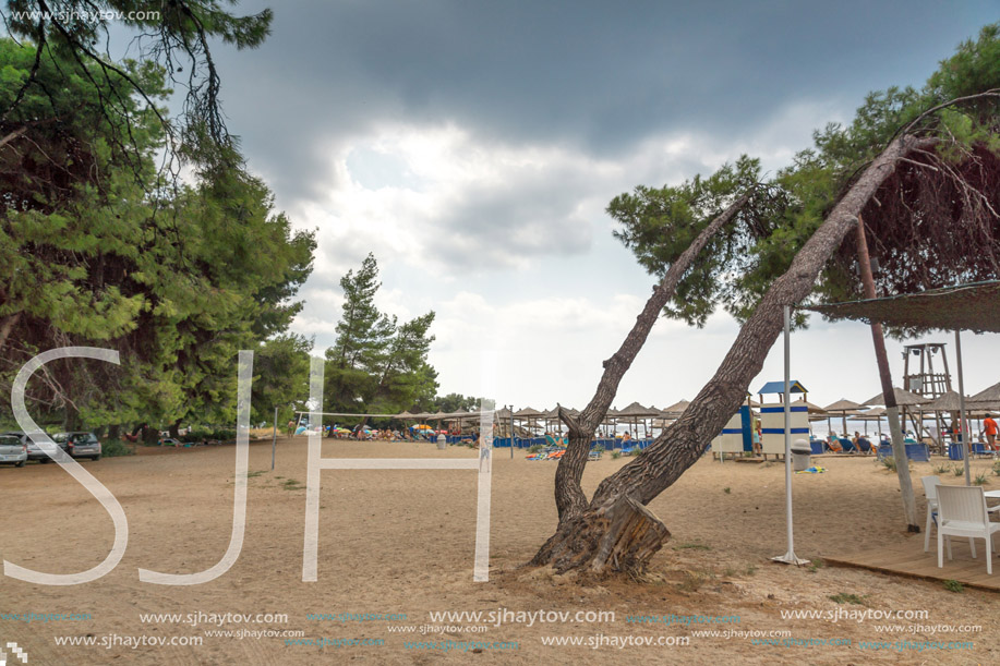CHALKIDIKI, CENTRAL MACEDONIA, GREECE - AUGUST 25, 2014: Seascape of Lagomandra beach at Sithonia peninsula, Chalkidiki, Central Macedonia, Greece