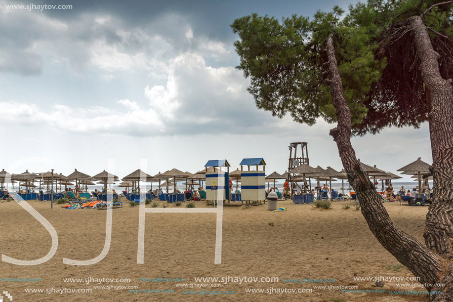 CHALKIDIKI, CENTRAL MACEDONIA, GREECE - AUGUST 25, 2014: Seascape of Lagomandra beach at Sithonia peninsula, Chalkidiki, Central Macedonia, Greece