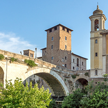 ROME, ITALY - JUNE 22, 2017: Amazing view of Castello Caetani, Tiber River and Pons Fabricius in city of Rome, Italy