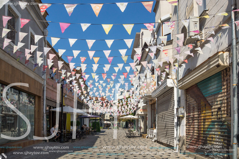 PLOVDIV, BULGARIA - SEPTEMBER 1, 2017:  Street in district Kapana, city of Plovdiv, Bulgaria