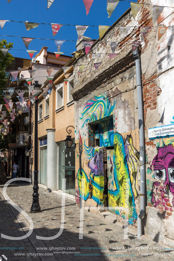 PLOVDIV, BULGARIA - SEPTEMBER 1, 2017:  Street in district Kapana, city of Plovdiv, Bulgaria