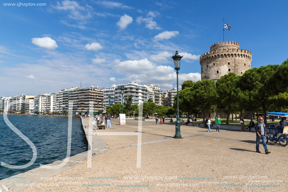 THESSALONIKI, GREECE - SEPTEMBER 30, 2017:  Amazing view of White Tower in city of Thessaloniki, Central Macedonia, Greece