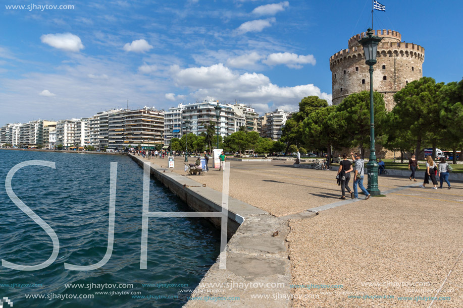 THESSALONIKI, GREECE - SEPTEMBER 30, 2017:  Amazing view of White Tower in city of Thessaloniki, Central Macedonia, Greece