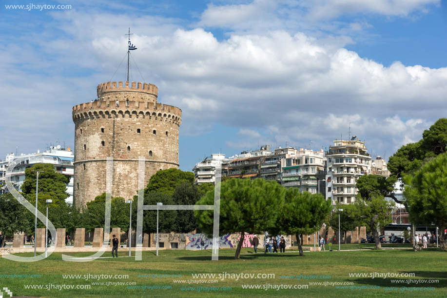 THESSALONIKI, GREECE - SEPTEMBER 30, 2017:  Amazing view of White Tower in city of Thessaloniki, Central Macedonia, Greece