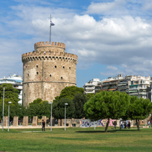 THESSALONIKI, GREECE - SEPTEMBER 30, 2017:  Amazing view of White Tower in city of Thessaloniki, Central Macedonia, Greece