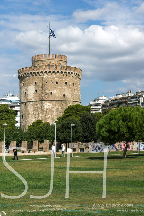THESSALONIKI, GREECE - SEPTEMBER 30, 2017:  Amazing view of White Tower in city of Thessaloniki, Central Macedonia, Greece