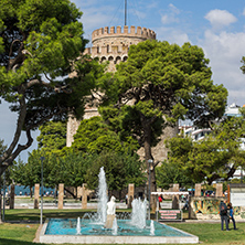 THESSALONIKI, GREECE - SEPTEMBER 30, 2017:  Amazing view of White Tower in city of Thessaloniki, Central Macedonia, Greece