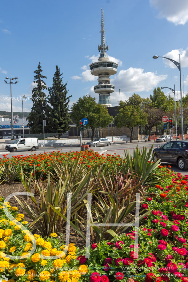 THESSALONIKI, GREECE - SEPTEMBER 30, 2017: OTE Tower and flowers in front in city of Thessaloniki, Central Macedonia, Greece
