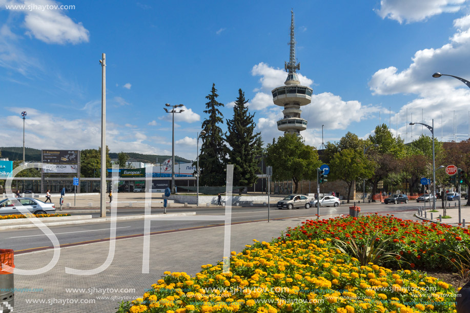 THESSALONIKI, GREECE - SEPTEMBER 30, 2017: OTE Tower and flowers in front in city of Thessaloniki, Central Macedonia, Greece