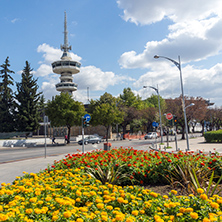 THESSALONIKI, GREECE - SEPTEMBER 30, 2017: OTE Tower and flowers in front in city of Thessaloniki, Central Macedonia, Greece