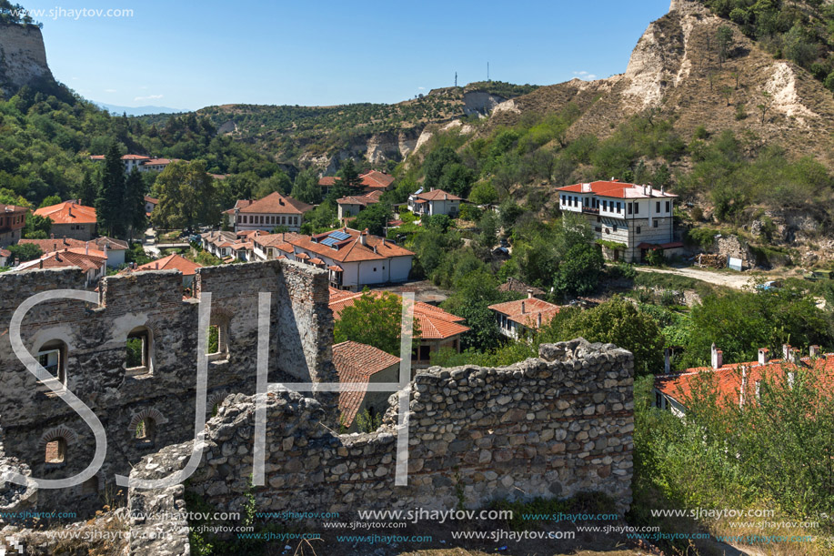 Sand pyramids, Ruins of Medieval fortress and Panorama to town of Melnik, Blagoevgrad region, Bulgaria
