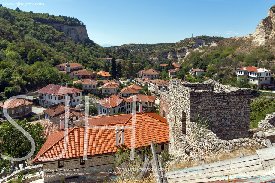 Sand pyramids, Ruins of Medieval fortress and Panorama to town of Melnik, Blagoevgrad region, Bulgaria