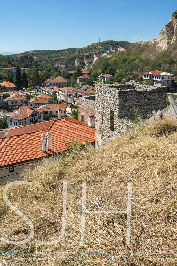 Sand pyramids, Ruins of Medieval fortress and Panorama to town of Melnik, Blagoevgrad region, Bulgaria