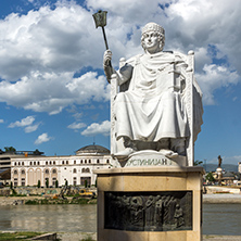 SKOPJE, REPUBLIC OF MACEDONIA - 13 MAY 2017: Justinian I Monument and Alexander the Great square in Skopje, Republic of Macedonia