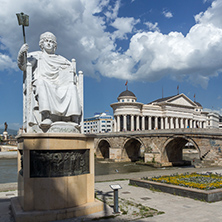 SKOPJE, REPUBLIC OF MACEDONIA - 13 MAY 2017: Justinian I Monument and Alexander the Great square in Skopje, Republic of Macedonia