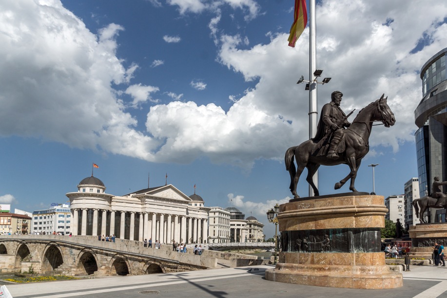 SKOPJE, REPUBLIC OF MACEDONIA - 13 MAY 2017: Skopje City Center and Archaeological Museum and Old Stone Bridge, Republic of Macedonia