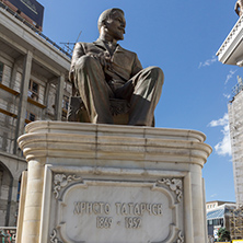SKOPJE, REPUBLIC OF MACEDONIA - 13 MAY 2017: Hristo Tatarchev Monument and Macedonia Gate arch, Skopje, Macedonia