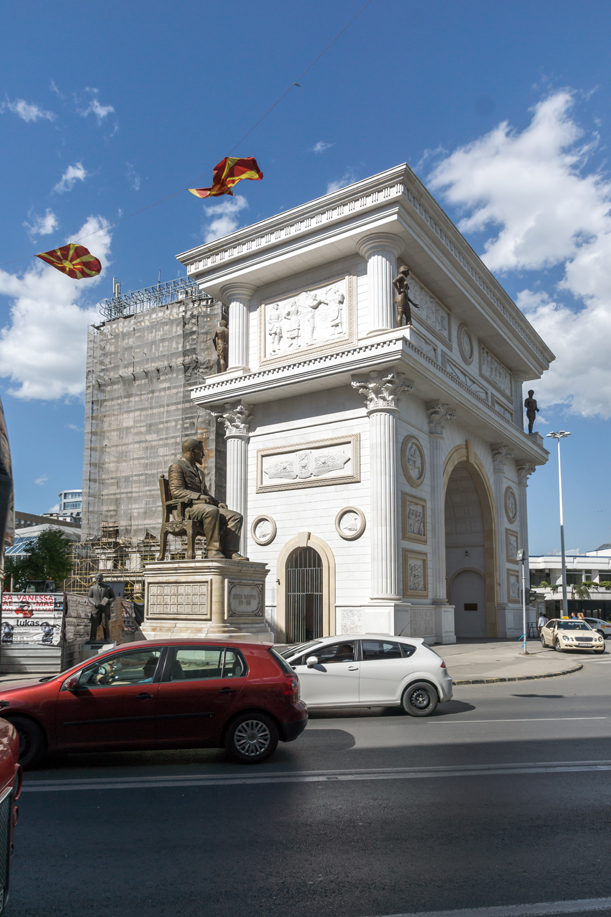 SKOPJE, REPUBLIC OF MACEDONIA - 13 MAY 2017: Macedonia Gate arch, Skopje, Macedonia