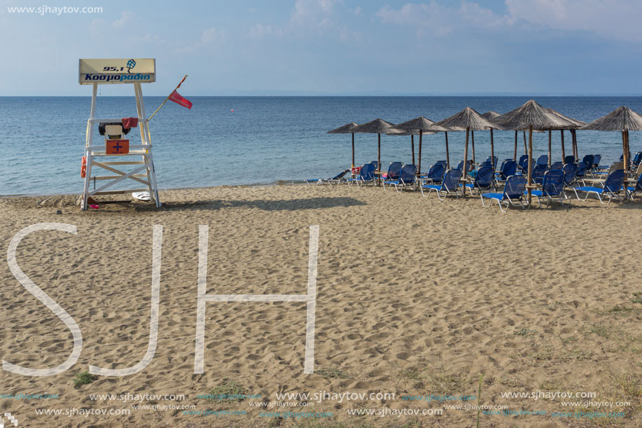 CHALKIDIKI, CENTRAL MACEDONIA, GREECE - AUGUST 25, 2014: Seascape of Fisher Beach Psakoudia at Sithonia peninsula, Chalkidiki, Central Macedonia, Greece