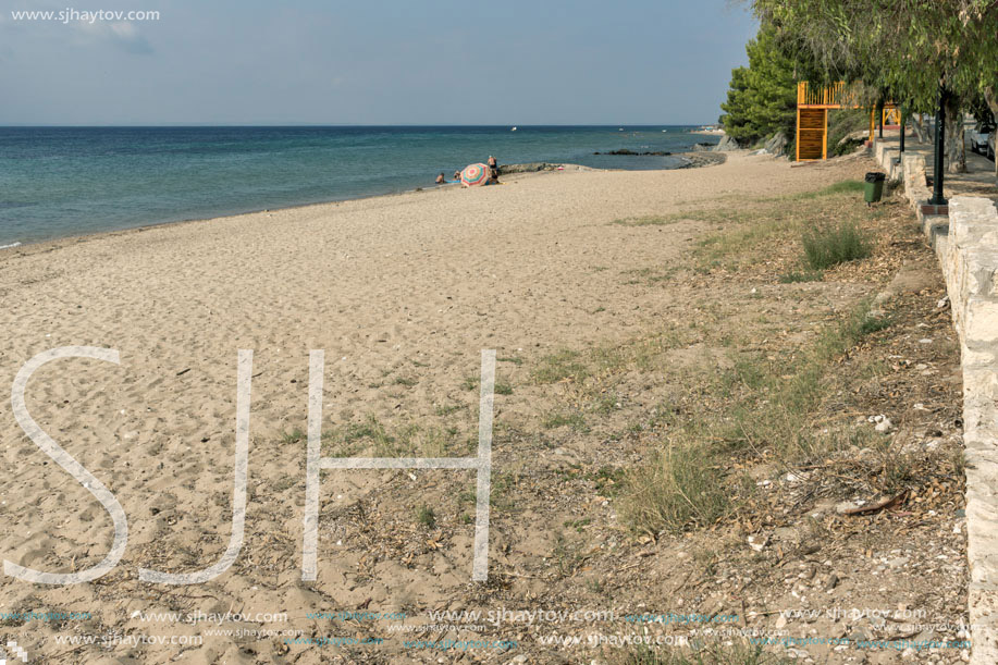 CHALKIDIKI, CENTRAL MACEDONIA, GREECE - AUGUST 25, 2014: Seascape of Blue Dolphin Beach at Sithonia peninsula, Chalkidiki, Central Macedonia, Greece