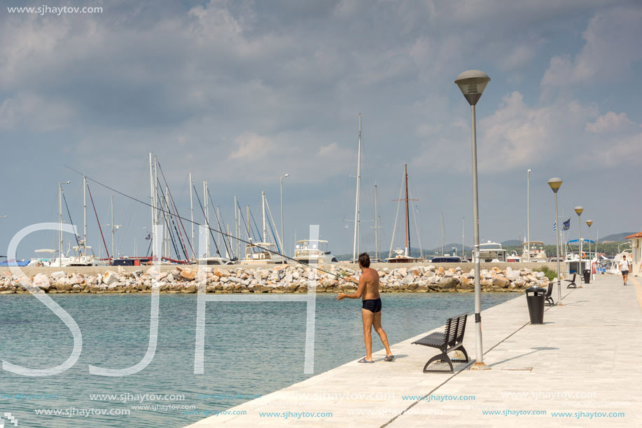 CHALKIDIKI, CENTRAL MACEDONIA, GREECE - AUGUST 25, 2014:  Seascape of port of Nikiti at Sithonia peninsula, Chalkidiki, Central Macedonia, Greece