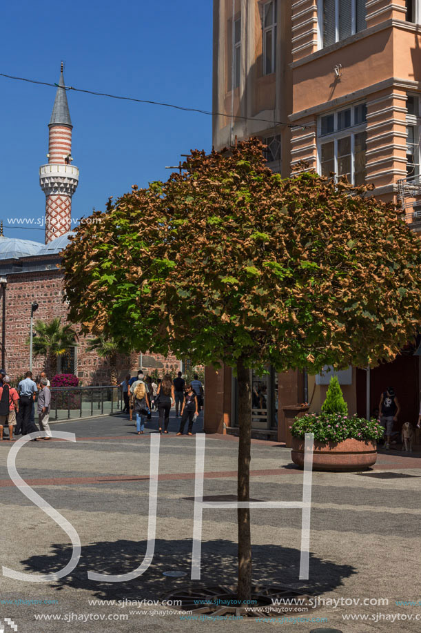 PLOVDIV, BULGARIA - SEPTEMBER 1, 2017:  People walk down a Knyaz Alexander I street in city of Plovdiv, Bulgaria