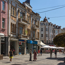 PLOVDIV, BULGARIA - SEPTEMBER 1, 2017:  People walk down a Knyaz Alexander I street in city of Plovdiv, Bulgaria