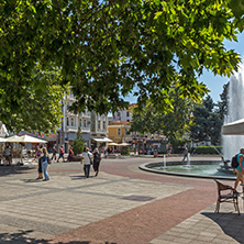 PLOVDIV, BULGARIA - SEPTEMBER 1, 2017:  Amazing view of cental street and fountain in front of City hall in city of Plovdiv, Bulgaria